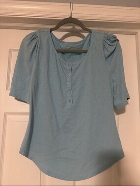 Anthropologie Light Blue Short Sleeve Henley Top with Puff Shoulders M